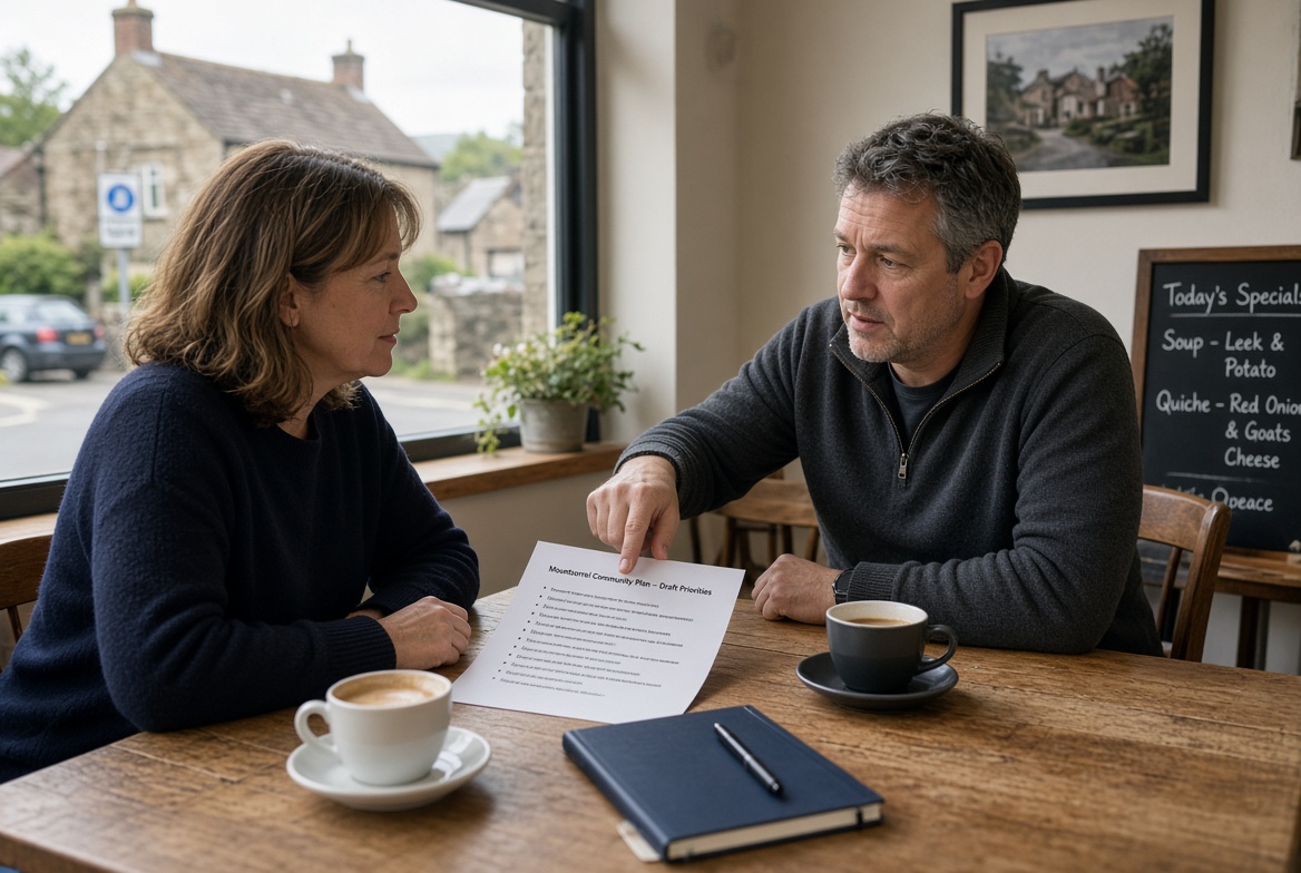 Two people talking through a plan over coffee